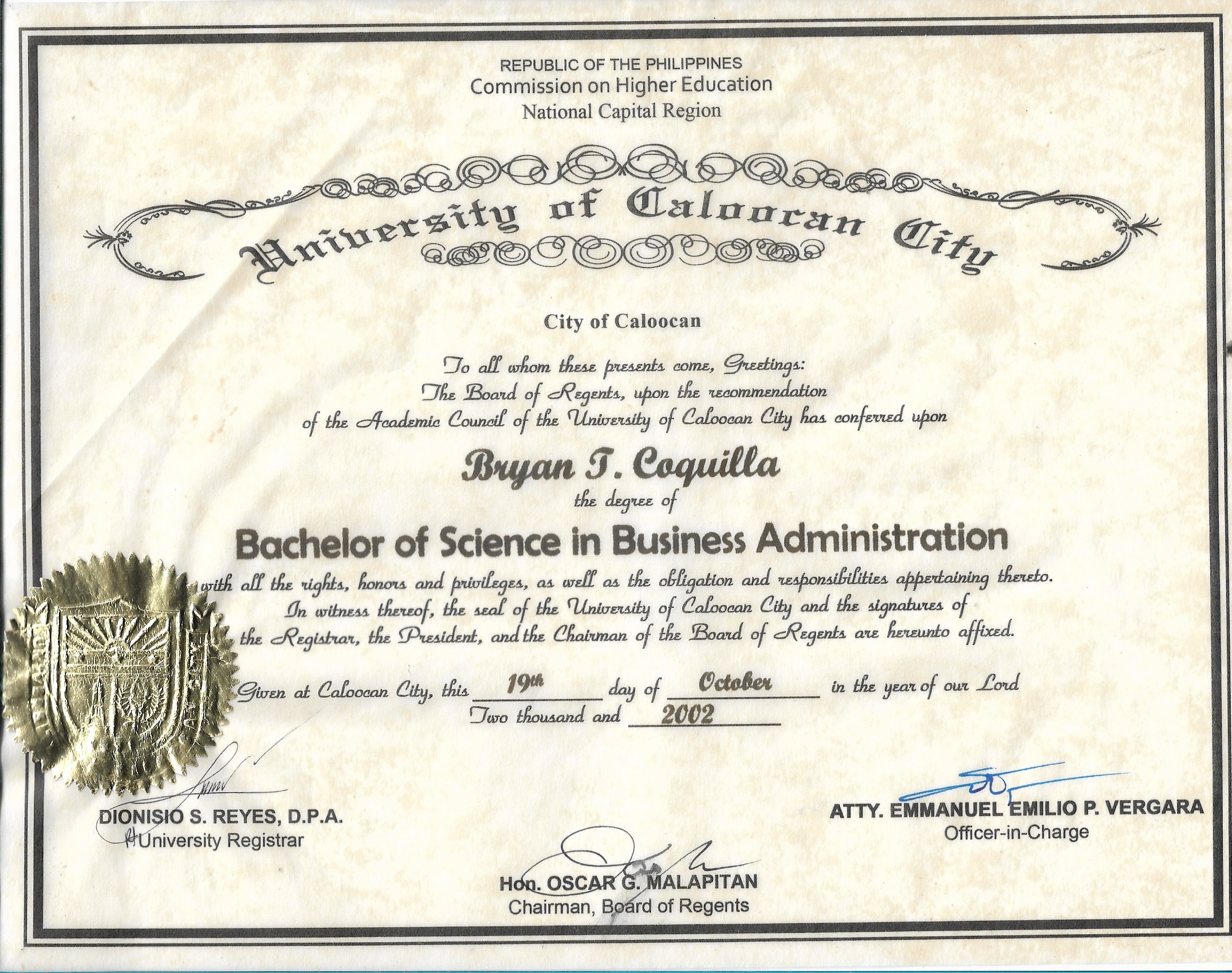 CALOOCAN UNIVERSITY DIPLOMA