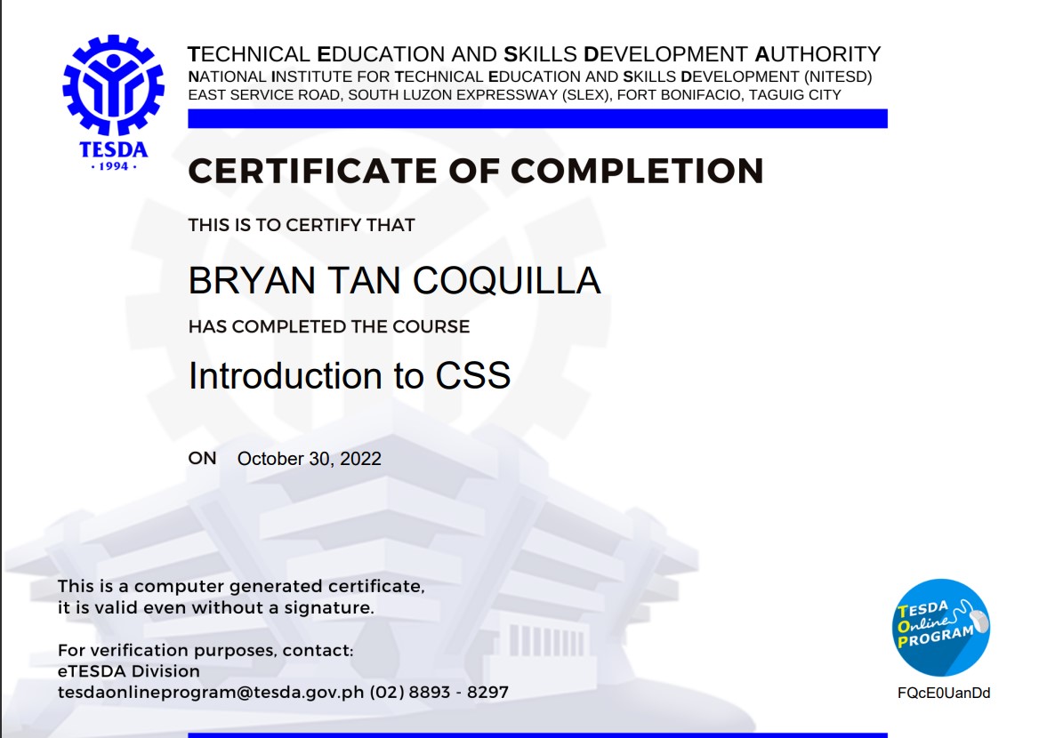 CERTIFICATE OF COMPLETION